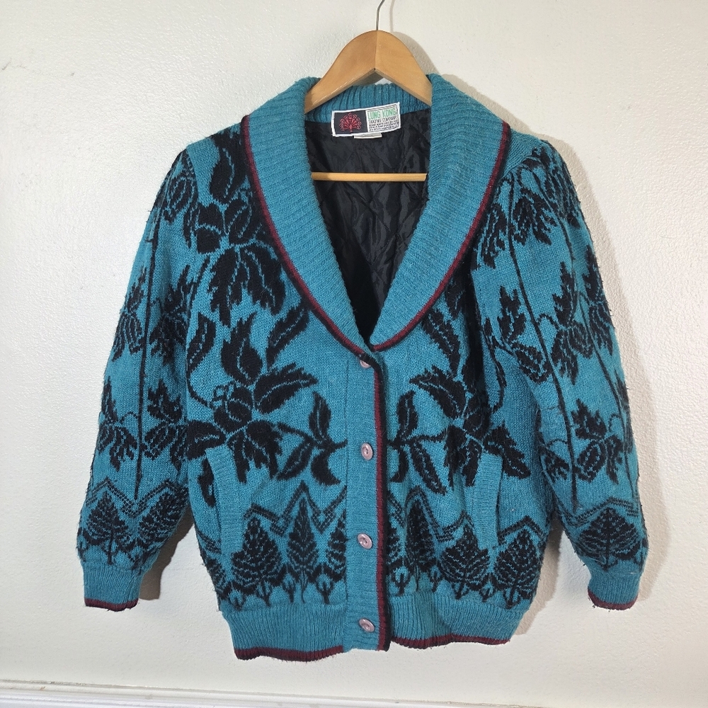 Vintage LUNG KONG Knit Cardigan Sweater Teal Black Floral Lined Button Up SM
